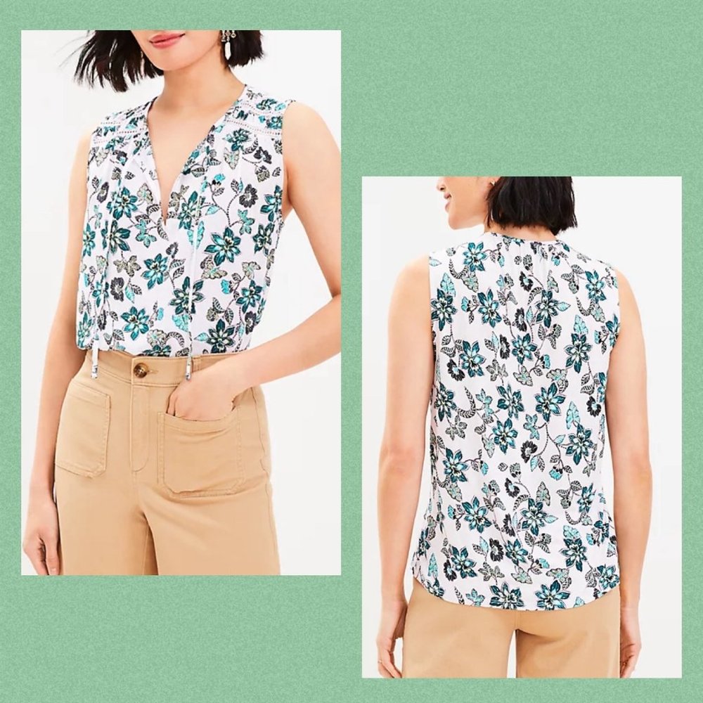 LOFT WOMEN  Hibiscus Tie Neck Mixed Media Shell M